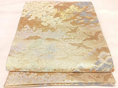 平和屋着物◎佐賀錦　六通柄袋帯　流水飛鶴風景文　金糸　正絹　逸品　AABN0071yx