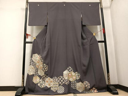 平和屋着物●豪華色留袖　駒刺繍　亀甲花唐草文　金彩　ロング丈　正絹　逸品　AABN0401ph