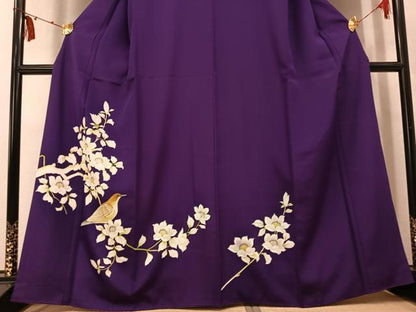 平和屋着物●訪問着　手描き　枝花に休み鳥　正絹　逸品　AABN0408ph