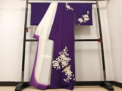 平和屋着物●訪問着　手描き　枝花に休み鳥　正絹　逸品　AABN0408ph