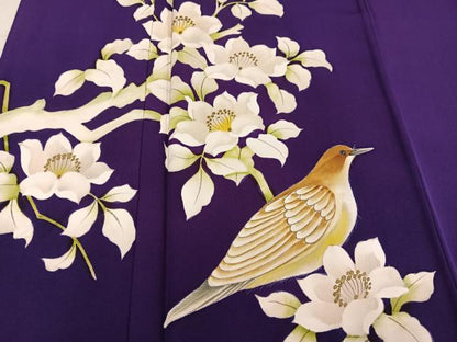 平和屋着物●訪問着　手描き　枝花に休み鳥　正絹　逸品　AABN0408ph