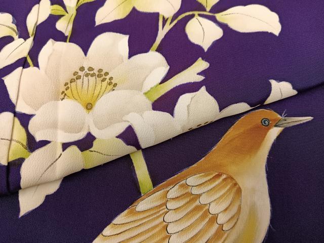 平和屋着物●訪問着　手描き　枝花に休み鳥　正絹　逸品　AABN0408ph
