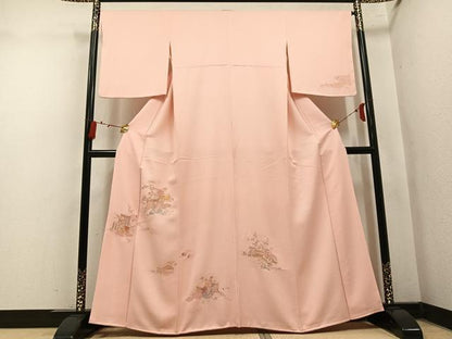 平和屋着物●訪問着　蘇州刺繍　総刺繍　御所車檜扇草花文　正絹　逸品　AABN0409ph