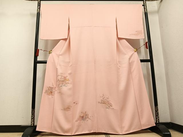 平和屋着物●訪問着　蘇州刺繍　総刺繍　御所車檜扇草花文　正絹　逸品　AABN0409ph