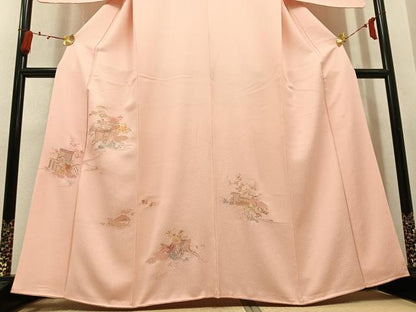 平和屋着物●訪問着　蘇州刺繍　総刺繍　御所車檜扇草花文　正絹　逸品　AABN0409ph