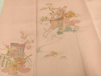 平和屋着物●訪問着　蘇州刺繍　総刺繍　御所車檜扇草花文　正絹　逸品　AABN0409ph
