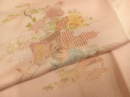 平和屋着物●訪問着　蘇州刺繍　総刺繍　御所車檜扇草花文　正絹　逸品　AABN0409ph