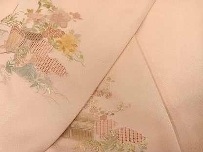 平和屋着物●訪問着　蘇州刺繍　総刺繍　御所車檜扇草花文　正絹　逸品　AABN0409ph