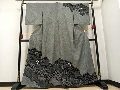 平和屋着物●訪問着　総絞り　地紙花文　黒地　正絹　逸品　AABN0415ph