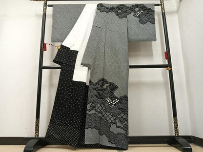 平和屋着物●訪問着　総絞り　地紙花文　黒地　正絹　逸品　AABN0415ph