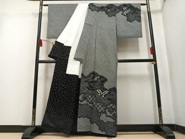 平和屋着物●訪問着　総絞り　地紙花文　黒地　正絹　逸品　AABN0415ph