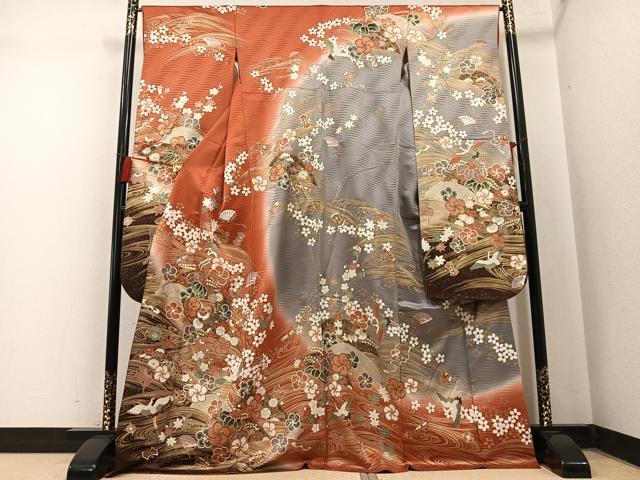 平和屋着物●豪華振袖　駒刺繍　群鶴檜扇花文　暈し染め　金彩　正絹　逸品　AABN0422ph
