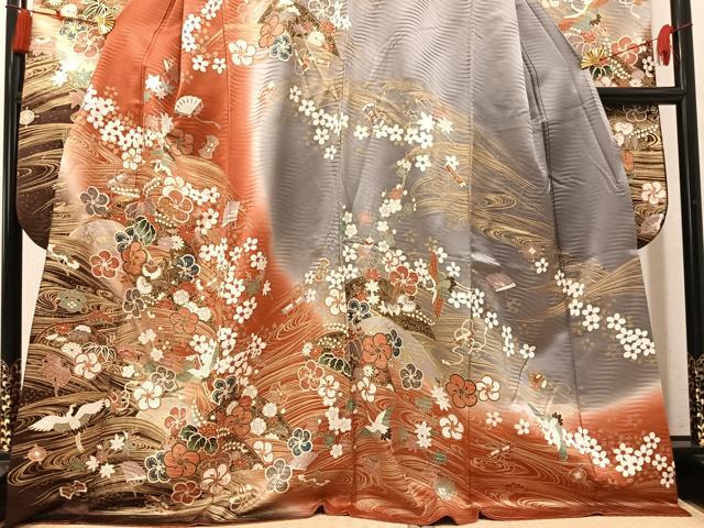 平和屋着物●豪華振袖　駒刺繍　群鶴檜扇花文　暈し染め　金彩　正絹　逸品　AABN0422ph