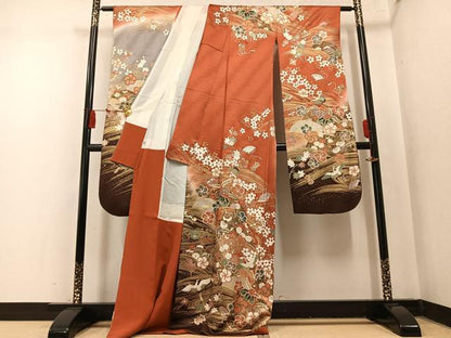 平和屋着物●豪華振袖　駒刺繍　群鶴檜扇花文　暈し染め　金彩　正絹　逸品　AABN0422ph