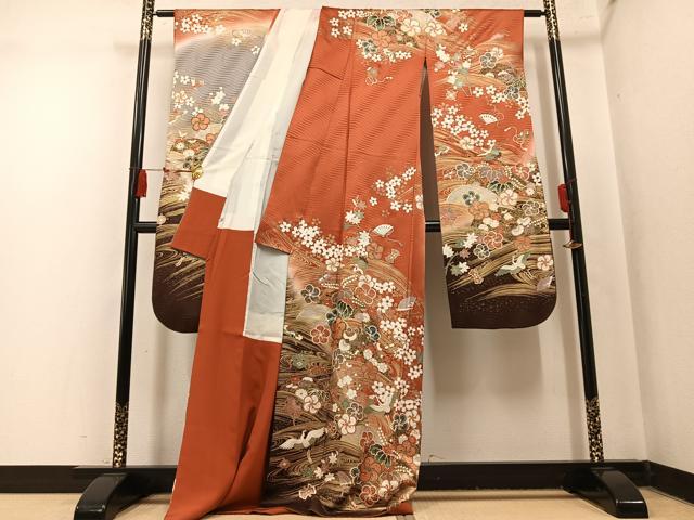 平和屋着物●豪華振袖　駒刺繍　群鶴檜扇花文　暈し染め　金彩　正絹　逸品　AABN0422ph