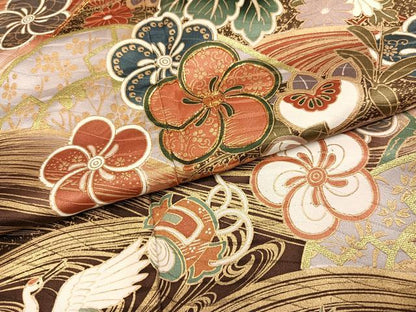 平和屋着物●豪華振袖　駒刺繍　群鶴檜扇花文　暈し染め　金彩　正絹　逸品　AABN0422ph