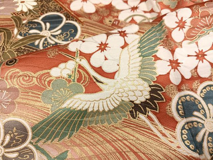 平和屋着物●豪華振袖　駒刺繍　群鶴檜扇花文　暈し染め　金彩　正絹　逸品　AABN0422ph
