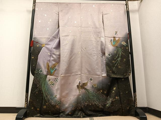 平和屋着物●豪華振袖　尾長鳥花文　暈し染め　金彩　金通し地　正絹　逸品　AABN0423ph