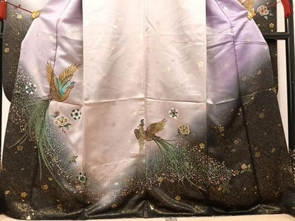 平和屋着物●豪華振袖　尾長鳥花文　暈し染め　金彩　金通し地　正絹　逸品　AABN0423ph