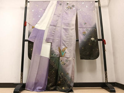 平和屋着物●豪華振袖　尾長鳥花文　暈し染め　金彩　金通し地　正絹　逸品　AABN0423ph