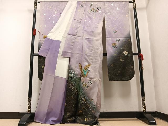 平和屋着物●豪華振袖　尾長鳥花文　暈し染め　金彩　金通し地　正絹　逸品　AABN0423ph