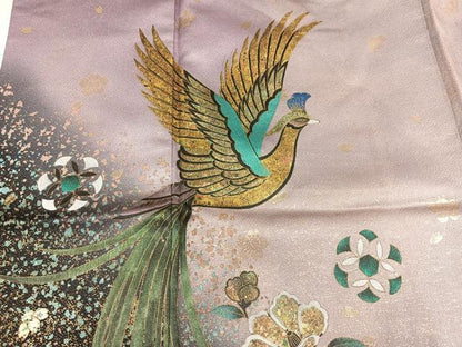 平和屋着物●豪華振袖　尾長鳥花文　暈し染め　金彩　金通し地　正絹　逸品　AABN0423ph