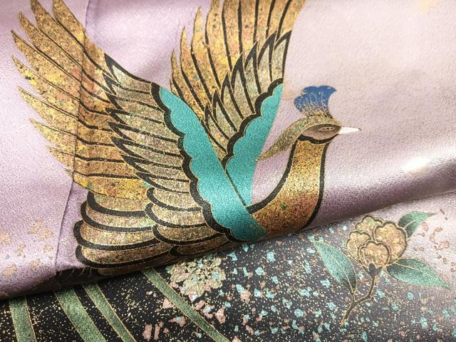 平和屋着物●豪華振袖　尾長鳥花文　暈し染め　金彩　金通し地　正絹　逸品　AABN0423ph
