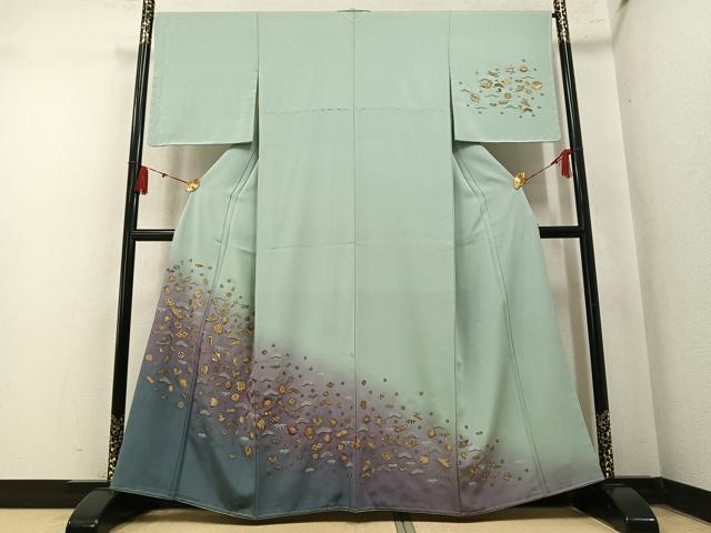 平和屋着物●訪問着　総刺繍　草花宝尽くし　暈し染め　金糸　正絹　逸品　AABN0426ph