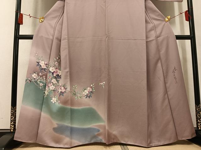 平和屋着物●二代目清次郎　手描き　訪問着　枝花文　暈し染め　正絹　逸品　AABN0449ph