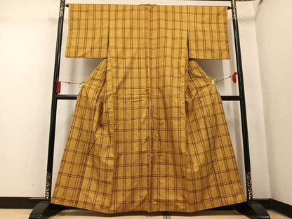 平和屋着物●本場黄八丈　まるまなこ　紬　格子　正絹　逸品　AABN0466ph