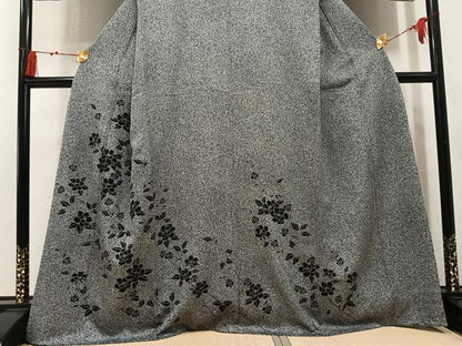 平和屋着物●訪問着　草花文　たたき染め　黒地　銀彩　正絹　逸品　AABN0474ph