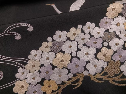 平和屋着物●豪華黒留袖　総刺繍　群れ鶴立波草花文　金糸　正絹　逸品　AABN0486ph
