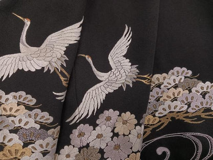 平和屋着物●豪華黒留袖　総刺繍　群れ鶴立波草花文　金糸　正絹　逸品　AABN0486ph
