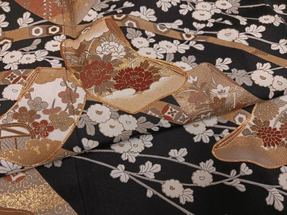 平和屋着物●豪華黒留袖　駒刺繍　草花文　金彩　正絹　逸品　AABN0489ph