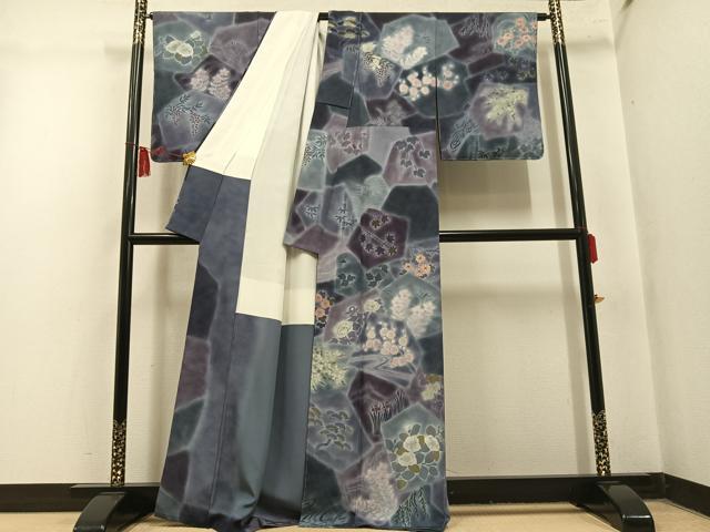 平和屋着物●訪問着　草花文　暈し染め　丹後ちりめん　反端付き　正絹　逸品　未使用　AABN0492ph