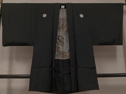 平和屋着物●男性　黒紋付・羽織セット　正絹　逸品　AABN0493ph