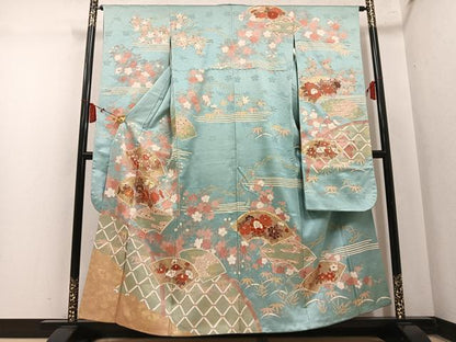平和屋着物●豪華振袖　駒刺繍　地紙花文　金彩　正絹　逸品　AABN0502ph