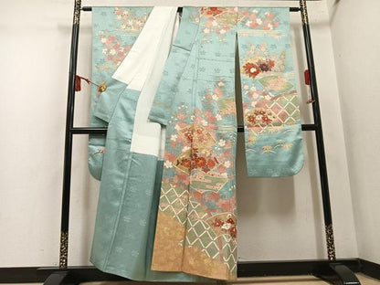 平和屋着物●豪華振袖　駒刺繍　地紙花文　金彩　正絹　逸品　AABN0502ph