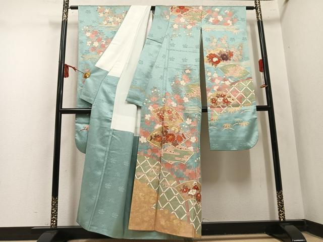 平和屋着物●豪華振袖　駒刺繍　地紙花文　金彩　正絹　逸品　AABN0502ph