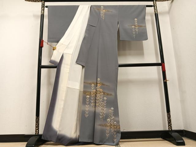 平和屋着物●訪問着　駒刺繍　草花文　暈し染め　金彩　正絹　逸品　AABN0513ph