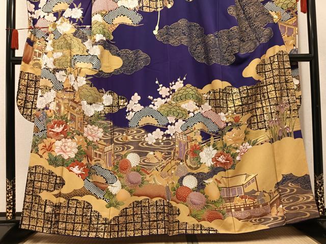 平和屋着物●豪華振袖　御所車草花文　金彩　正絹　逸品　AABN0514ph
