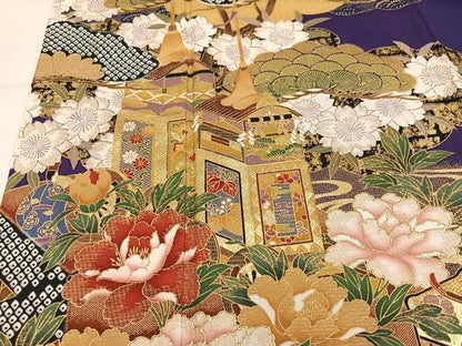 平和屋着物●豪華振袖　御所車草花文　金彩　正絹　逸品　AABN0514ph