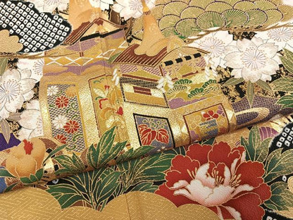 平和屋着物●豪華振袖　御所車草花文　金彩　正絹　逸品　AABN0514ph