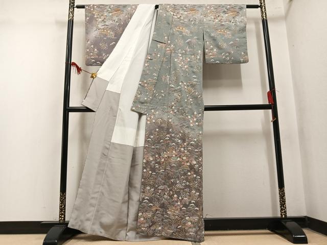 平和屋着物●中国三大刺繍　汕頭刺繍　スワトウ刺繍　訪問着　松竹梅風景文　暈し染め　金糸　正絹　逸品　AABN0529ph