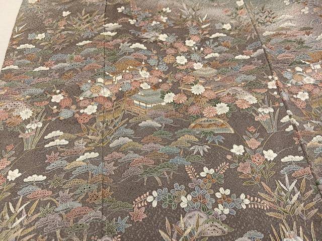平和屋着物●中国三大刺繍　汕頭刺繍　スワトウ刺繍　訪問着　松竹梅風景文　暈し染め　金糸　正絹　逸品　AABN0529ph