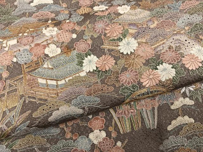 平和屋着物●中国三大刺繍　汕頭刺繍　スワトウ刺繍　訪問着　松竹梅風景文　暈し染め　金糸　正絹　逸品　AABN0529ph