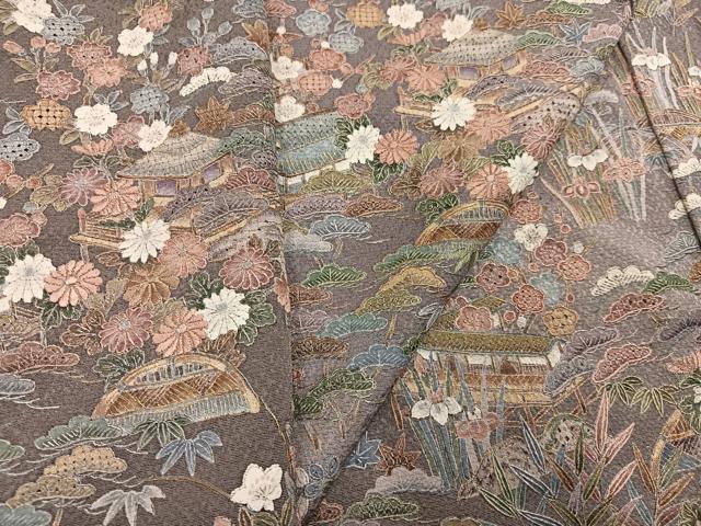 平和屋着物●中国三大刺繍　汕頭刺繍　スワトウ刺繍　訪問着　松竹梅風景文　暈し染め　金糸　正絹　逸品　AABN0529ph