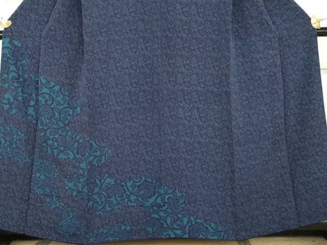 平和屋着物●訪問着　藍　型染め　花唐草文　鬼しぼ縮緬　正絹　逸品　AABN0577cs