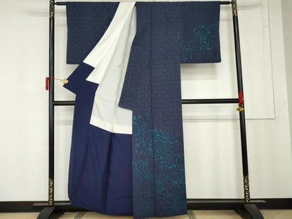 平和屋着物●訪問着　藍　型染め　花唐草文　鬼しぼ縮緬　正絹　逸品　AABN0577cs