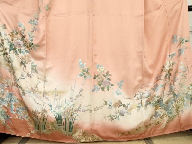 平和屋着物●螺鈿作家　藤本隆士　訪問着　枝花文　暈し染め　金銀彩　正絹　逸品　AABN0586cs
